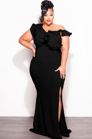 Final Sale Plus Size Gown with Layered Sleeves and Slit in Black