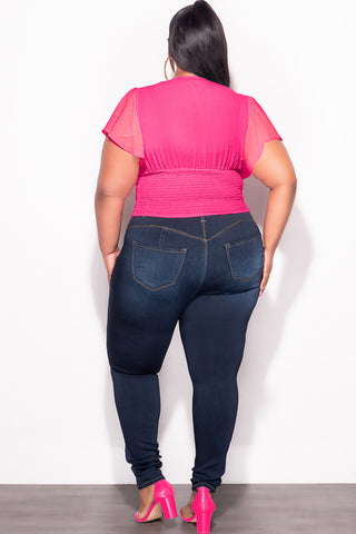 Final Sale Plus Size Chiffon Ruched Corset Blouse with Flutter Sleeves in Hot Pink