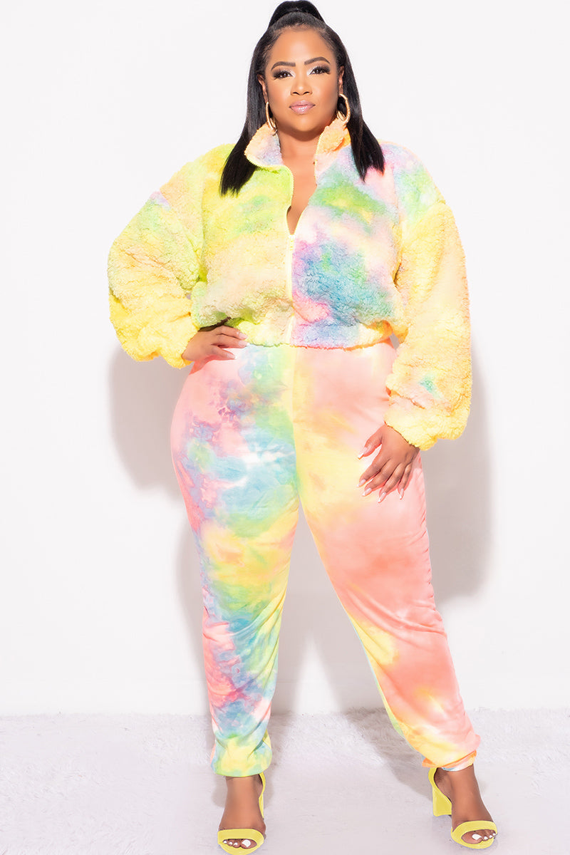 Final Sale Plus Size 2-Piece Set Fleece Jacket & Legging in Pastel Rainbow