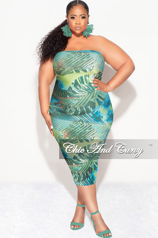 Final Sale Plus Size Strapless Tube BodyCon Dress in Green Leaf Print