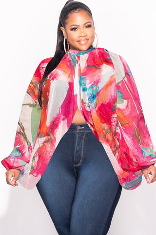 Final Sale Plus Size Sheer Balloon Sleeve Crop Top in Fuchsia Multi Color