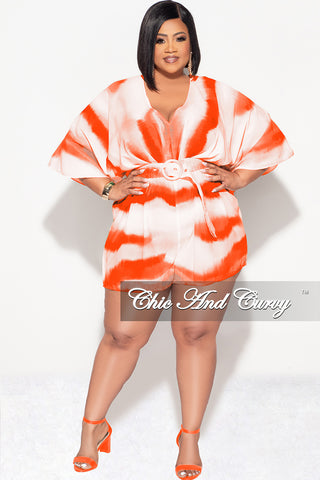 Final Sale Plus Size Chiffon Romper with Belt in Orange Print