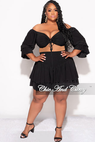 Final Sale Plus Size 2pc Set Off the Shoulder Crop Tie Top and Ruffle Layered Hem Mini Skirt in Black