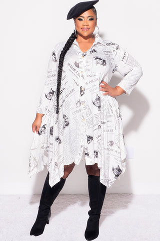 Final Sale Plus Size Hi-Low Shirt Dress in White and Black News Print