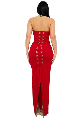 Final Sale Strapless Lace Up Maxi Dress in Red
