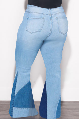 Final Sale Plus Size ColorBlock Flare Denim Jeans in Light Stone Denim