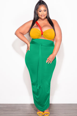 Final Sale Plus Size 2pc One Shoulder Twist Front Bra Top and Ruched Skirt in Orange Yellow and Green