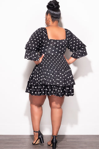 Final Sale Plus Size 2pc Set Off the Shoulder Crop Tie Top and Ruffle Layered Hem Mini Skirt in Black & White Polka Dot