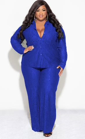 Final Sale Plus Size 2pc Collar Button Up Top And Pants Set In Royal Blue