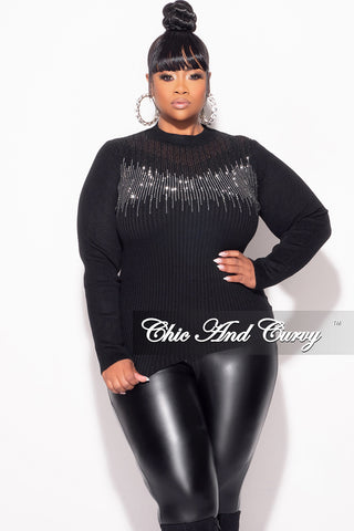 Final Sale Plus Size Ribbed Rhinestone Sweater Top in Black