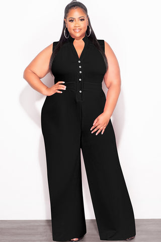 Final Sale Plus Size Collar Button Up Sleeveless Jumpsuit in Black