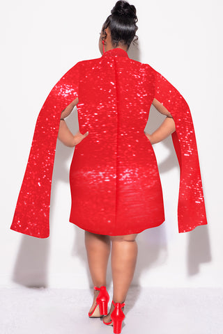 Final Sale Plus Size Sequin Cape Sleeve Dress in Red