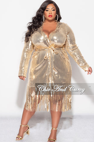 Final Sale Plus Size Faux Sequin Duster with Belt in Gold