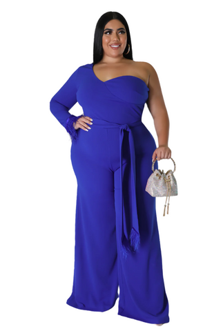 Final Sale Plus Size One Shoulder Long Sleeve Feather Cuff Jumpsuit with Tie in Royal Blue