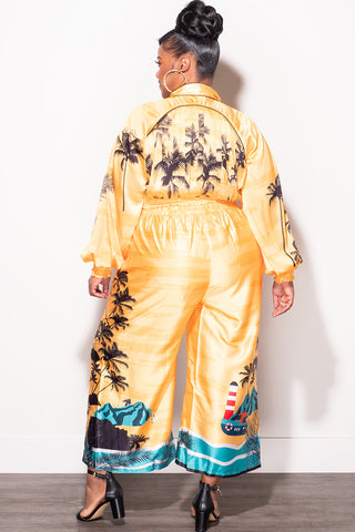 Final Sale Plus Size 2pc Satin Set with Crop Top and Culottes Pants in Mustard Palm Print