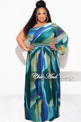 Final Sale Plus Size One Shoulder Sheer Dress with Cutout and Front Slit in Blue Multi Color