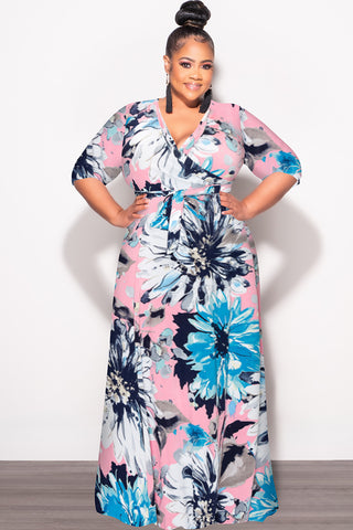 Final Sale Plus Size Faux Wrap Dress in Blue Floral Print