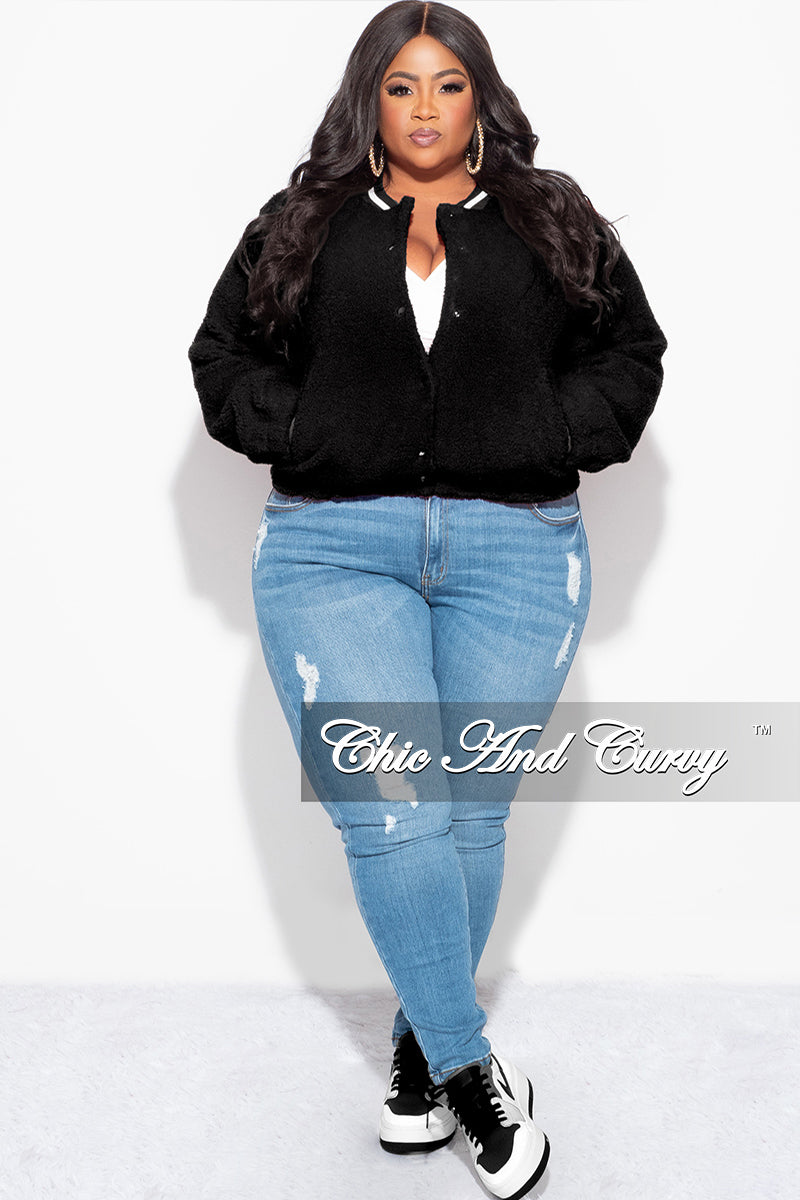 Final Sale Plus Size Teddy Bear Varsity Jacket in Black – Chic And