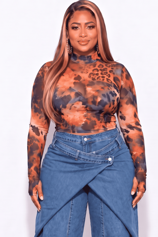 Final Sale Plus Size 2pc Set Mesh Top & Wide Leg Drawstring Oversized Windbreaker Wavy Halter Jumpsuit in Rust & Black Leopard