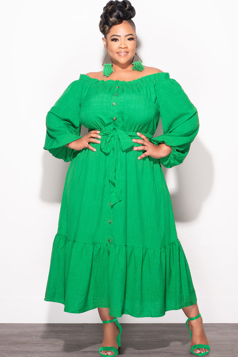 Final Sale Plus Size Off the Shoulder Dress with Tie in Green