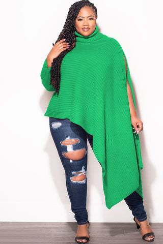 Final Sale Plus Size One Shoulder Turtleneck Poncho in Kelly Green