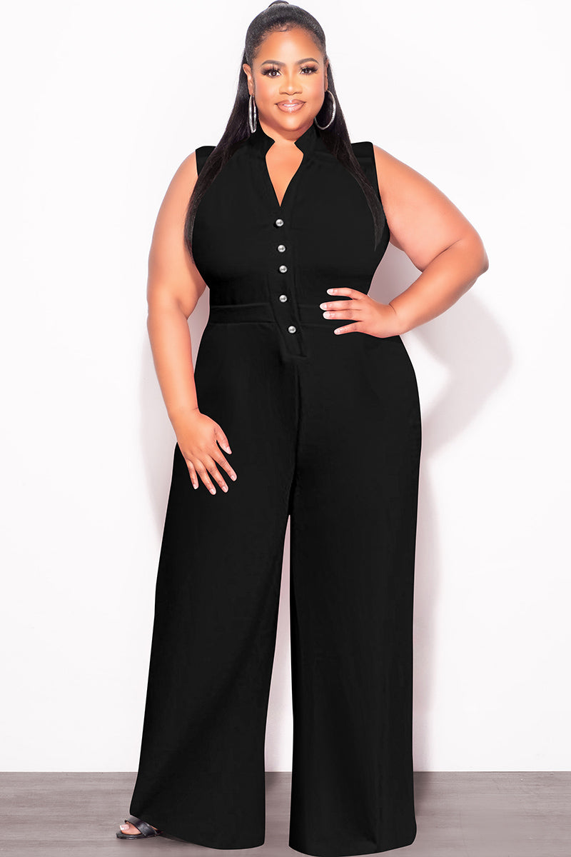Final Sale Plus Size Collar Button Up Sleeveless Jumpsuit in Black
