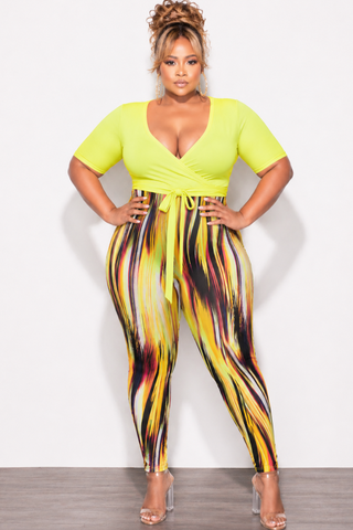Final Sale Plus Size 2pc Long Sleeve Crop Tie Top and Mesh Pants in Neon Green Multi Color
