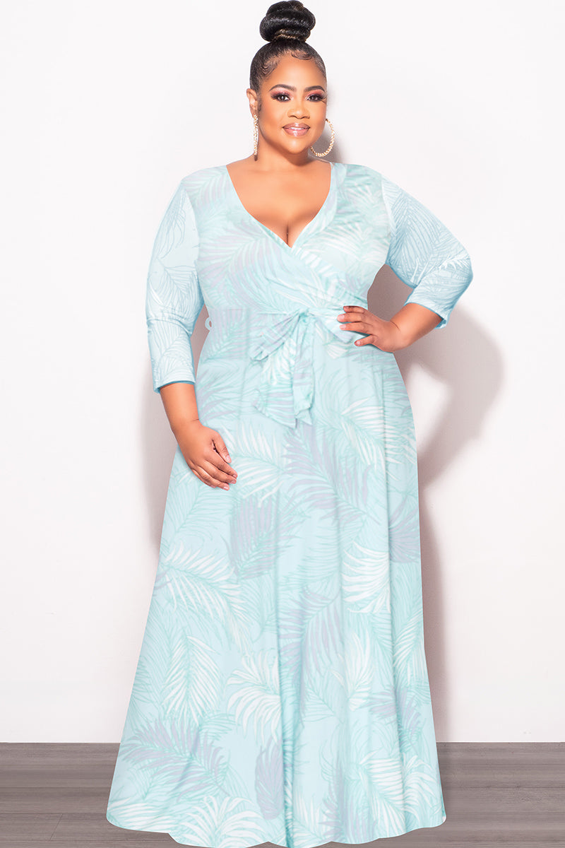 Final Sale Plus Size Faux Wrap Dress in Aqua Palm Print