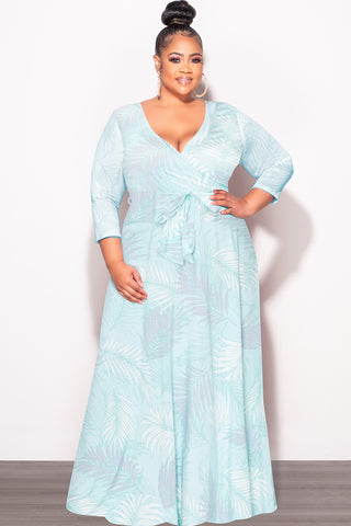Final Sale Plus Size Faux Wrap Dress in Aqua Palm Print