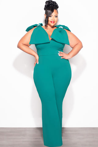 Final Sale Plus Size Jumpsuit with Bow on Shoulders in Green