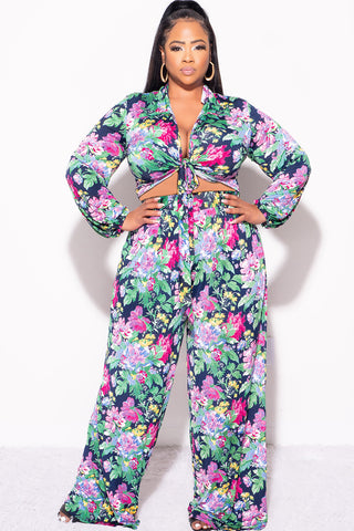 Final Sale Plus Size 2pc Collar Crop Faux Wrap Tie Top and Pants Set in Floral Multi Color Print