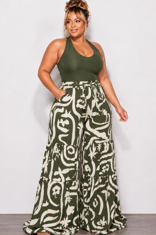 Final Sale Plus Size Halter Jumpsuit with Olive Top and Olive & Tan Bottom