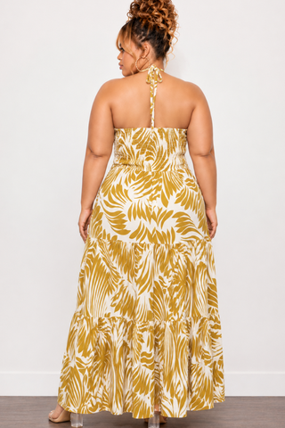 Final Sale Plus Size Halter Tiered Dress in Mustard & Off White  Print
