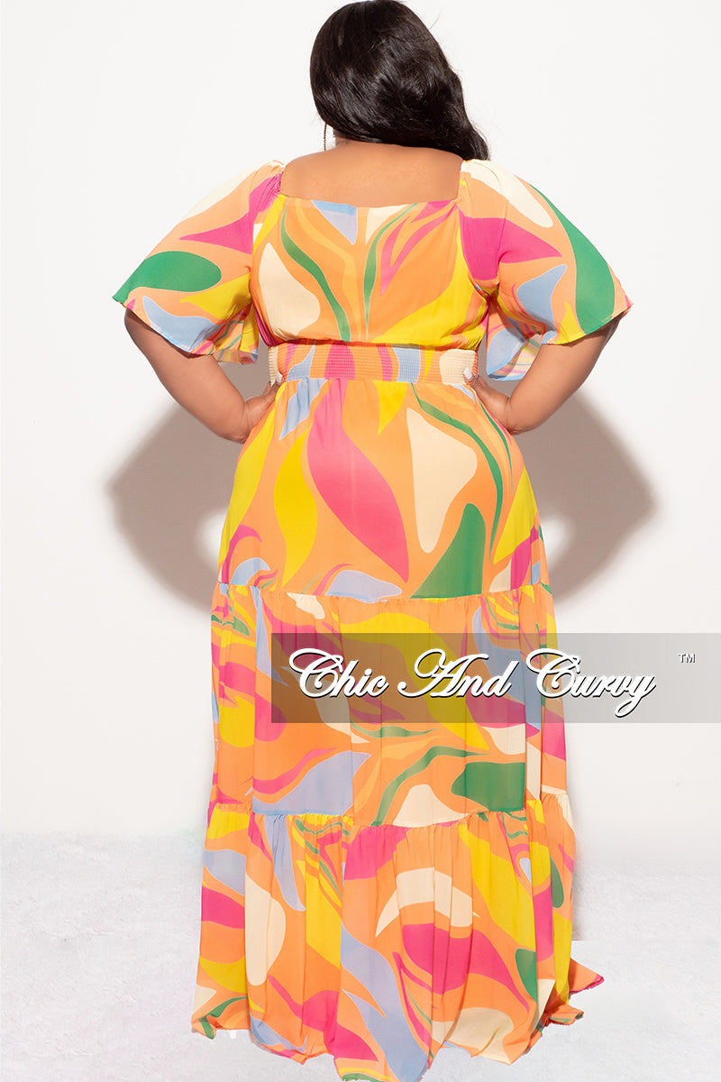 Final Sale Plus Size Deep V Chiffon Frill Tiered Maxi Dress In Fuchsia Multi Color Print