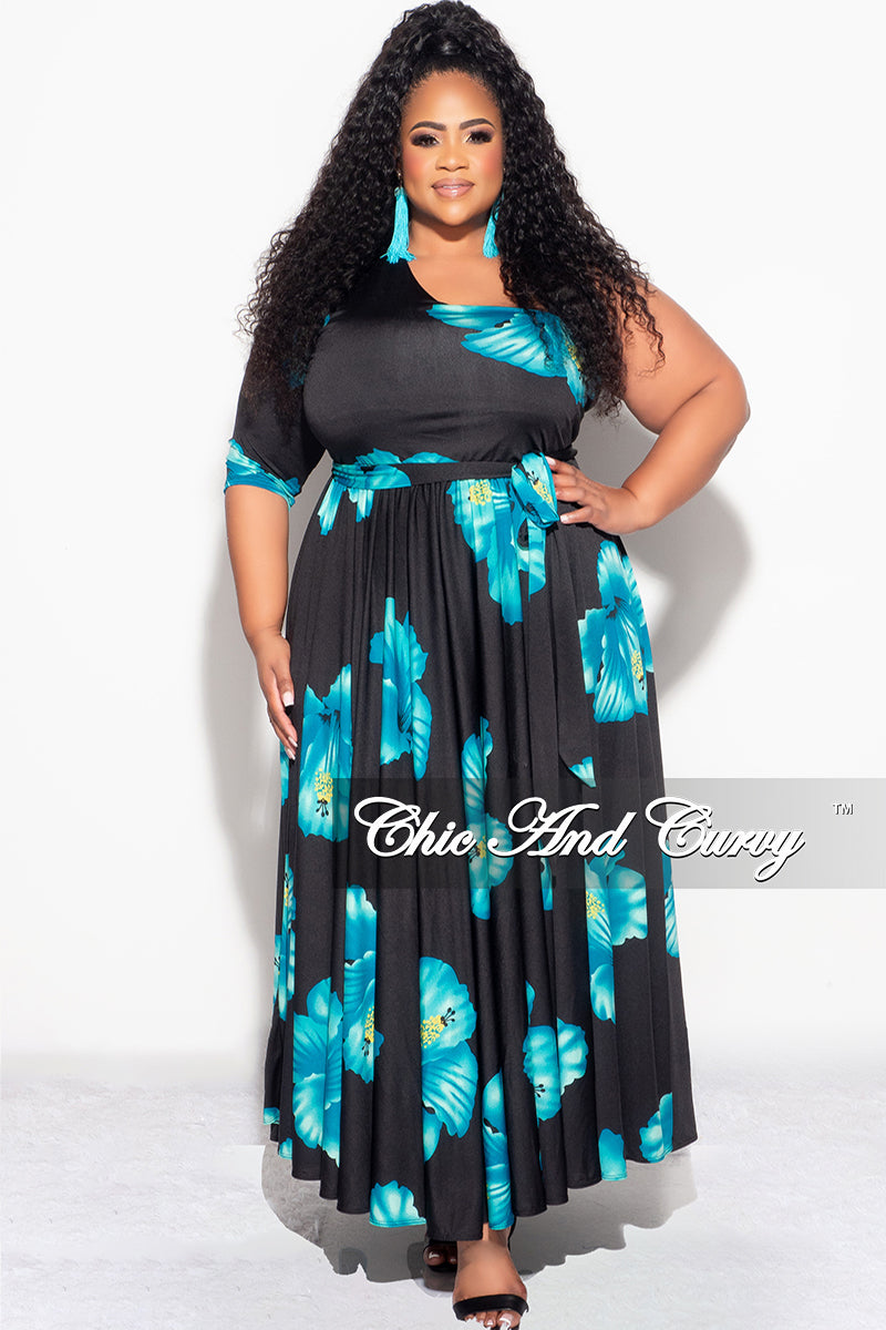 Final Sale Plus Size One Shoulder Dress in Black and Turquoise Floral Chic And Curvy Final Sale Plus Size One Shoulder Dress in Black and Turquoise Floral Chic And Curvy
