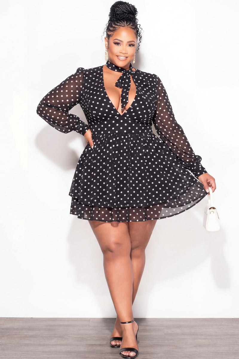 Final Sale Plus Size Polka Dot Chiffon Mini Dress in Black & White with Cut Out Back