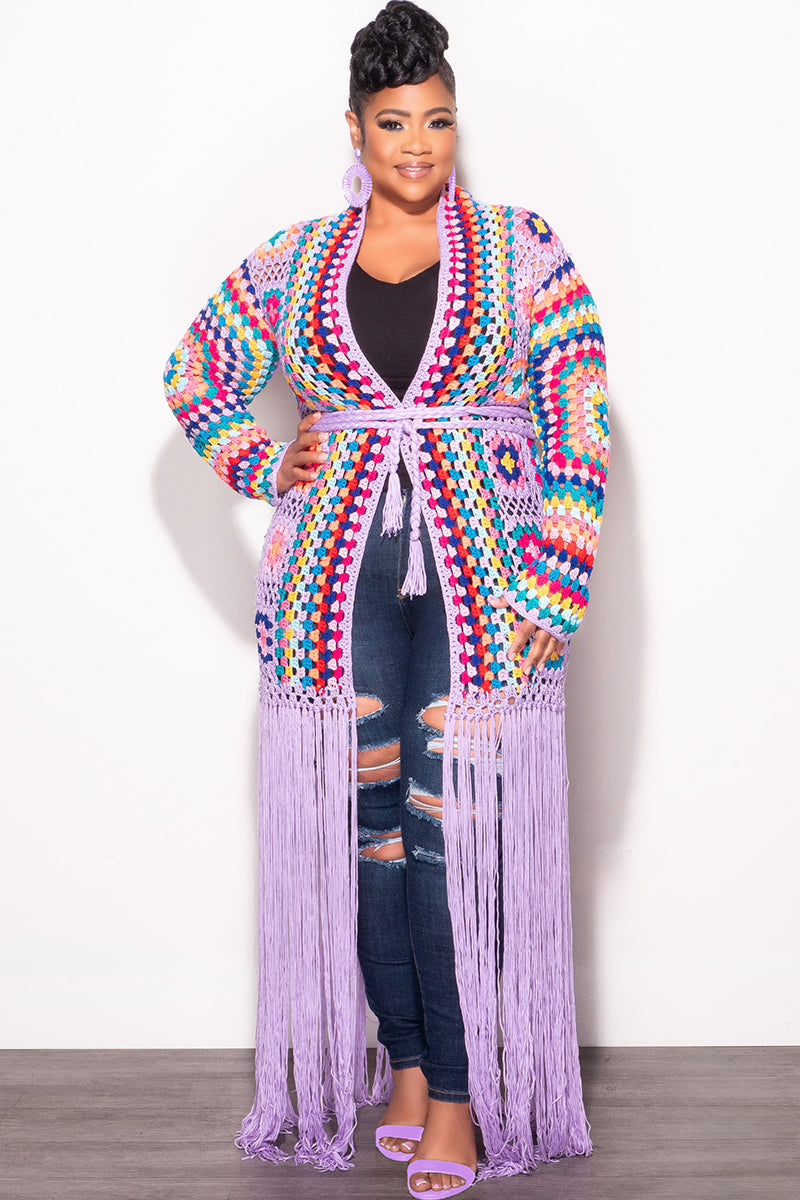 Final Sale Plus Size Crochet Cardigan with Bottom Fringe in Lavender