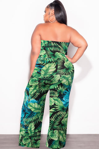 Final Sale Plus Size Strapless Jumpsuit with Waist Tie in Green & Turquoise Palm Print