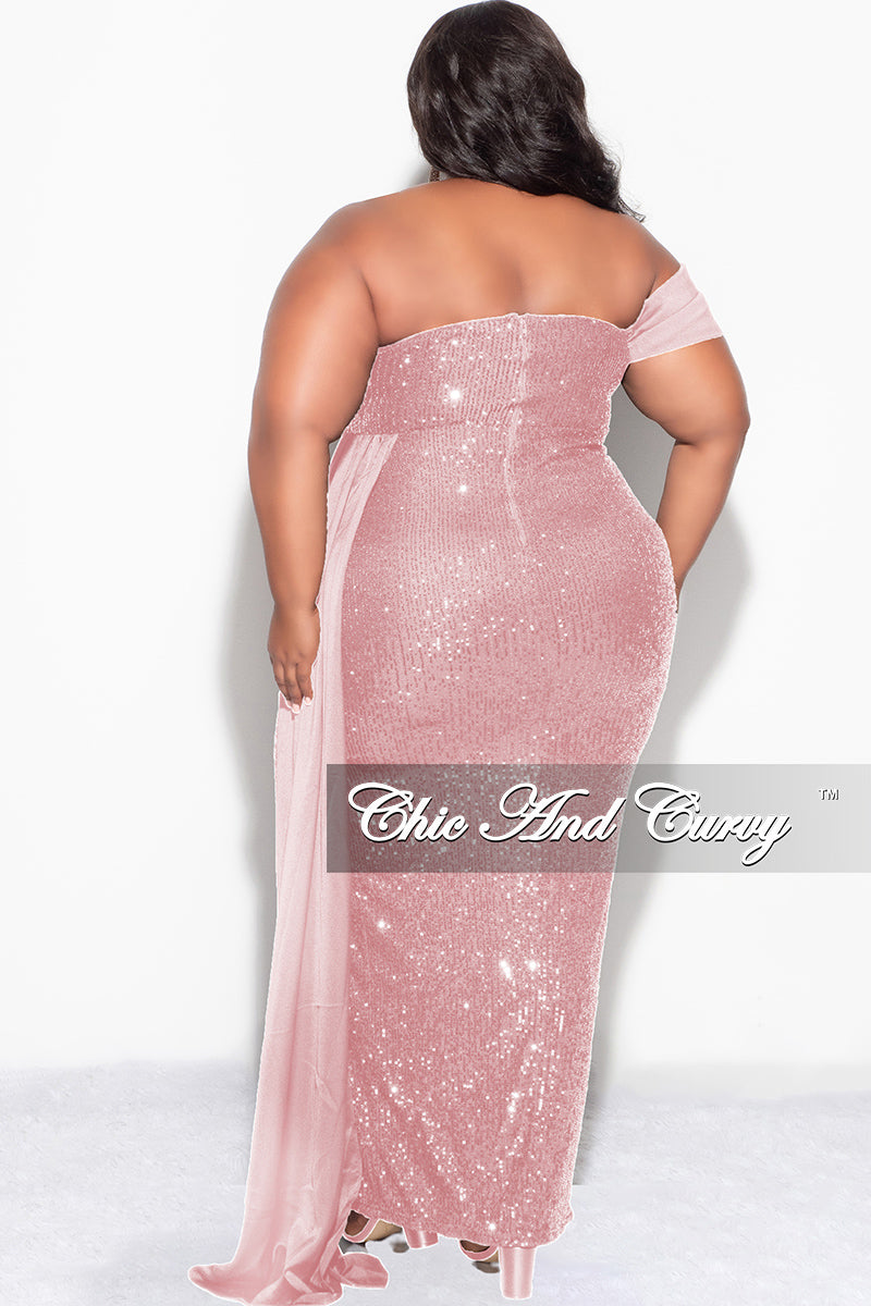 Final Sale Plus Size Long Sequin Evening Gown With Slit in Soft Pink