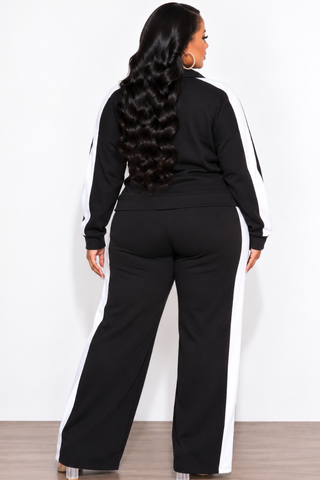 Final Sale Plus Size 2pc Zip-Up Fleece Pant Set in Black & White