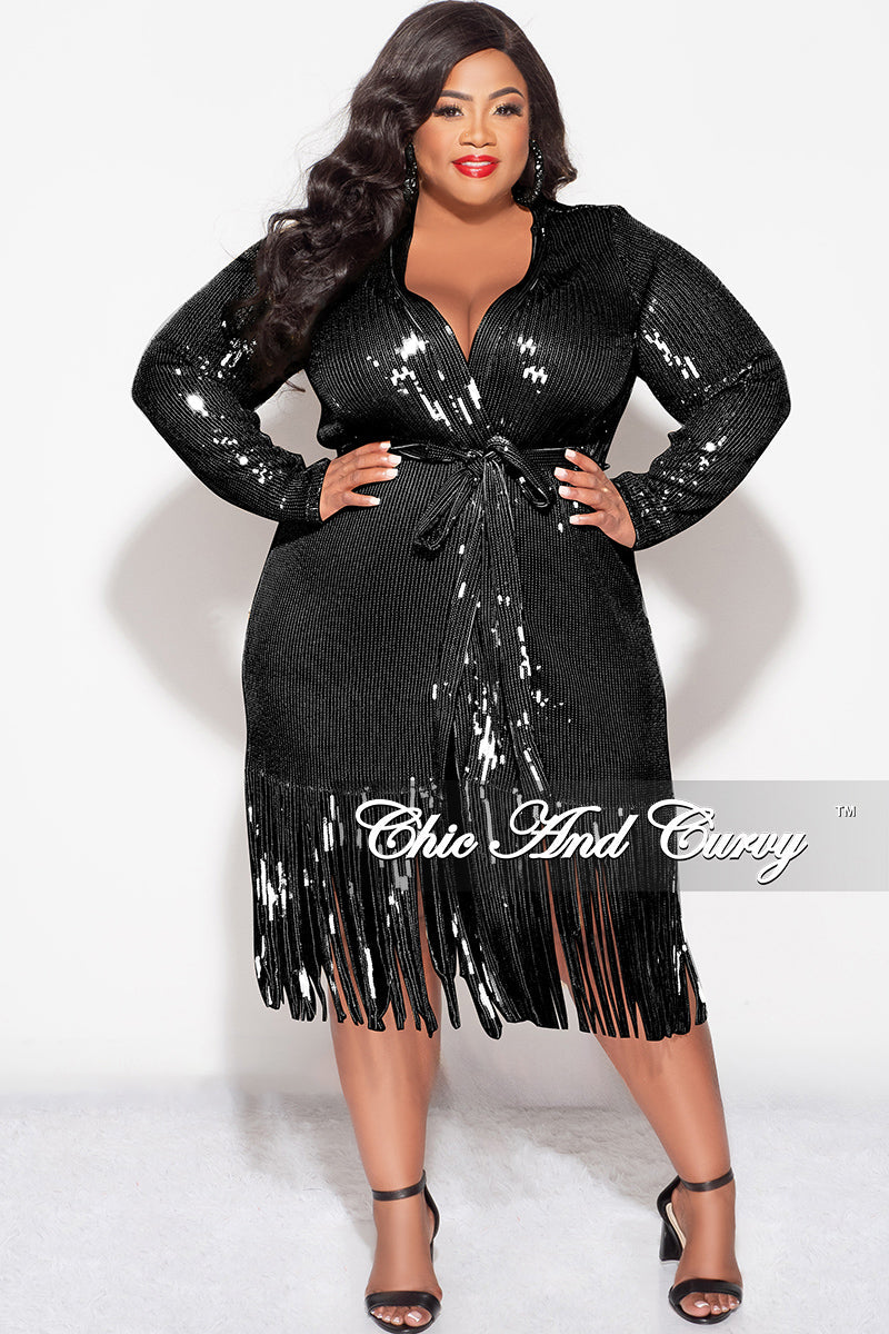 Final Sale Plus Size Faux Sequin Duster with Belt in Black