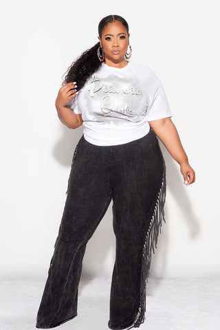 Final Sale Plus Size High Waist Fringe Trim Pants in Black Acid Wash Print Jersey