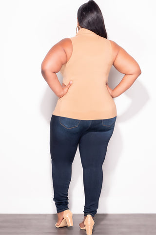 Final Sale Plus Size Sleeveless Collar Button Up Ruched Top in Cappuccino