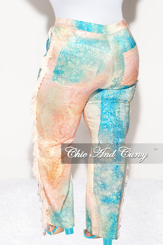 Final Sale Plus Size Pants with Fringe High Waist in Abstract Greens & Peach