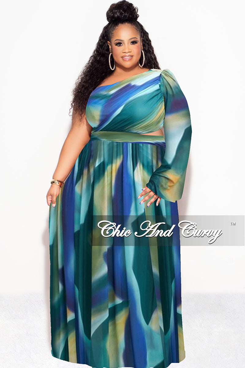 Final Sale Plus Size One Shoulder Sheer Dress with Cutout and Front Slit in Blue Multi Color