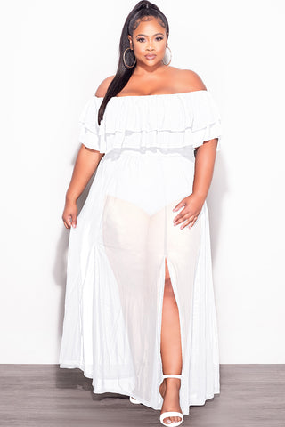 Final Sale Plus Size Off the Shoulder Mesh Ruffle Bodysuit Dress with Double Slits in White