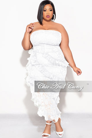 Final Sale Plus 2pc Lace Corset Top & Ruffle Skirt Set in White