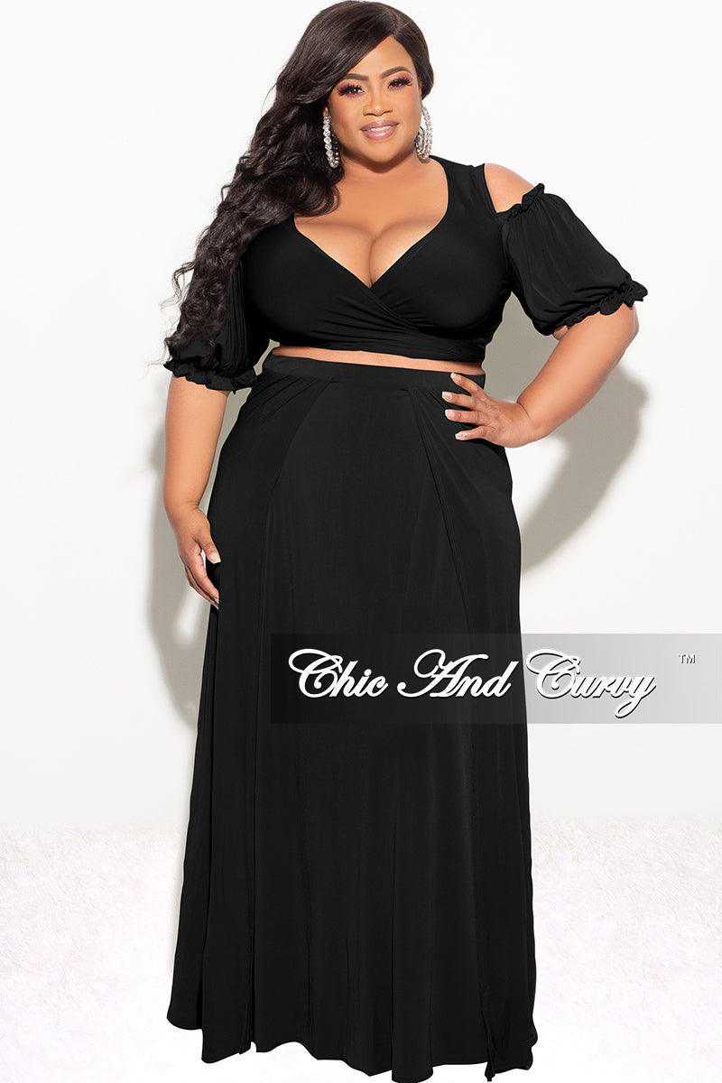 Final Sale Plus Size 2pc Faux Wrap Crop Tie Top And Double Slit Skirt Set in Black