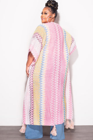 Final Sale Plus Size Knitted Cardigan with Bottom Tassels in Pink and Yellow
