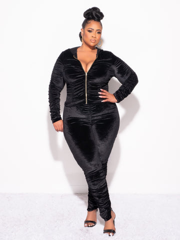 Final Sale Plus Size 2pc Ruched Hooded Zip-Up Top and Pants Set in Black Velvet